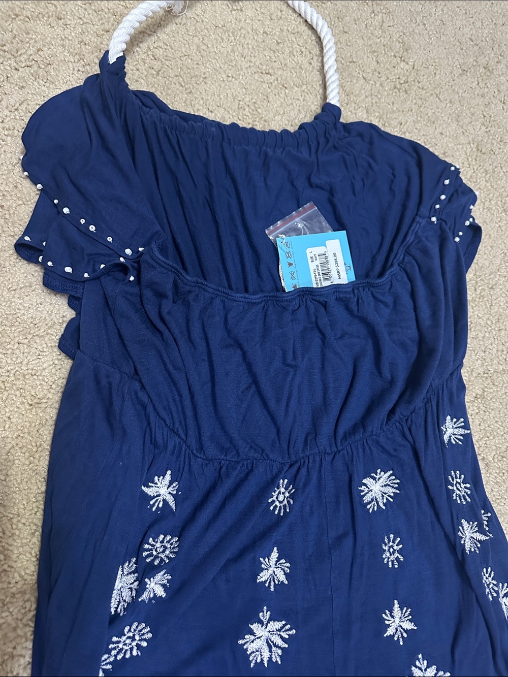 Letarte Handmade Navy Blue Embroidered Maxi Dress with Rope Halter NEW - Picture 7 of 8